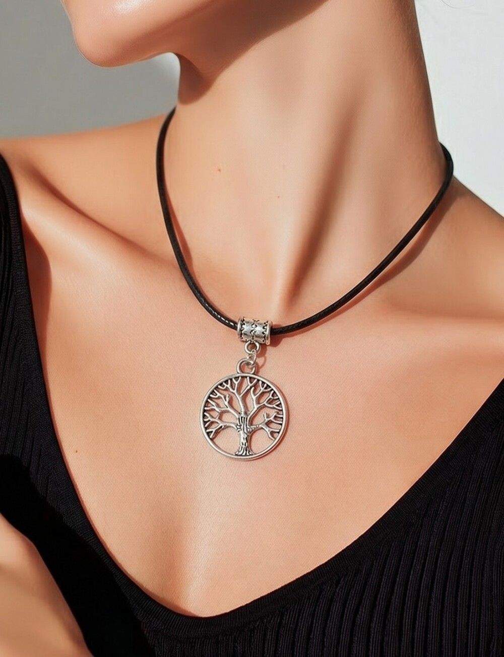 Tree of Life Nature Circle Black Cord Necklace Boho Simple Jewelry Family Roots